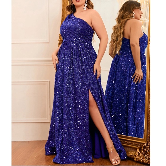 Plus Sequin One Shoulder A-line party Formal Party Wedding Dress - Picture 1 of 16
